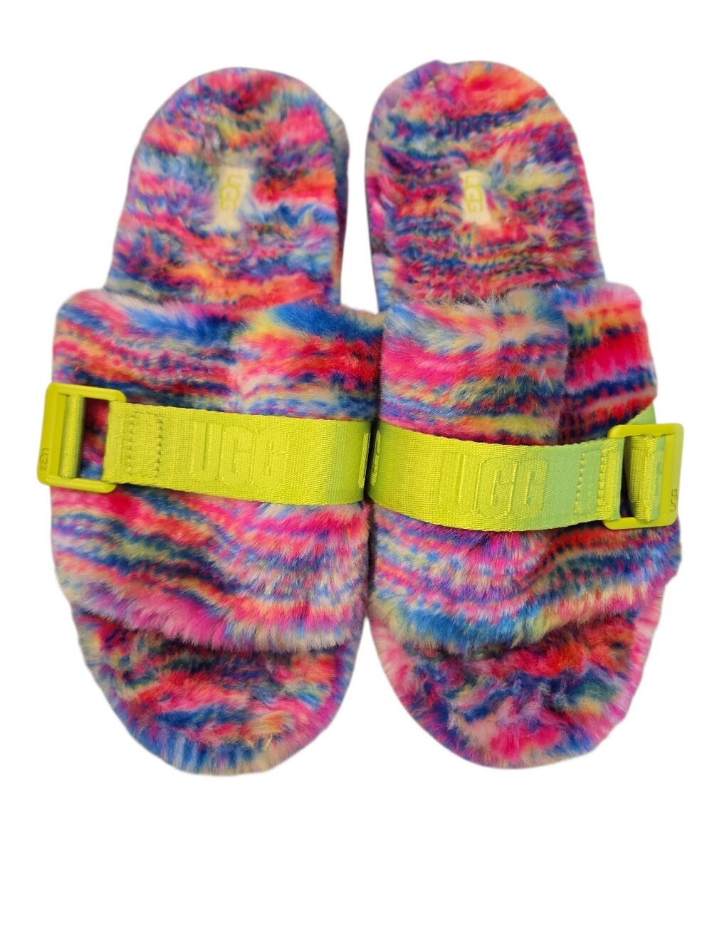 UGG FLUFFITA PIXELATE PLATFORM SLIDES. SIZE 10.